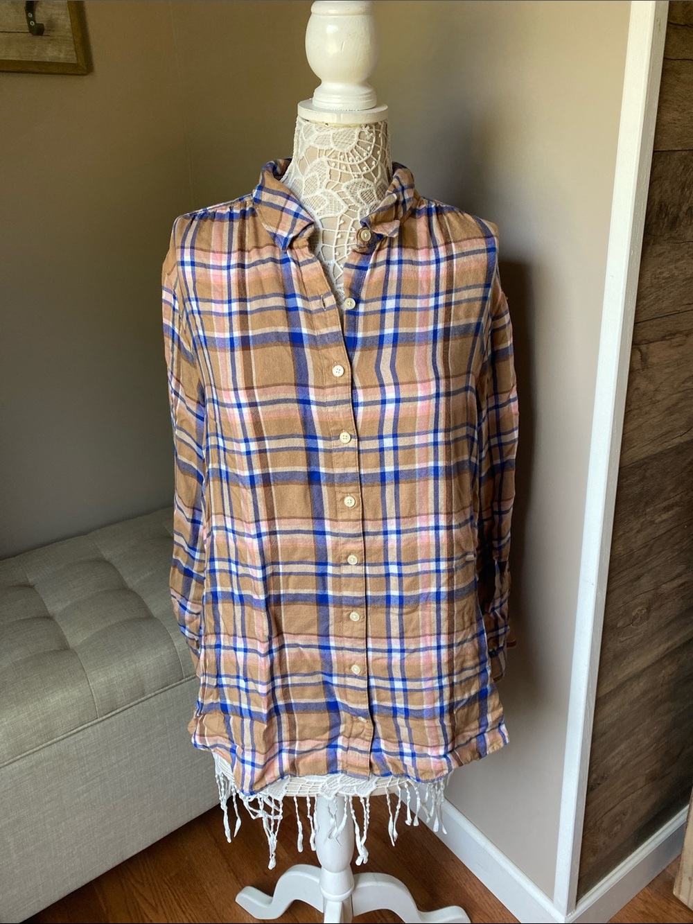 Style & Co Plaid Button-Up Shirt in Camel, Blue & Pink